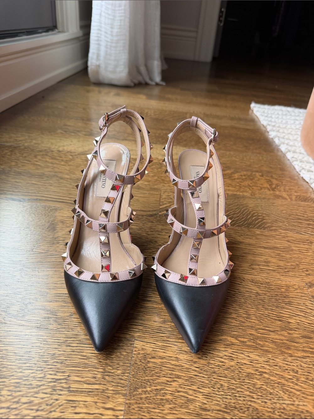Valentino Black Pointed Rockstud T-Strap Pumps with Blush Trim